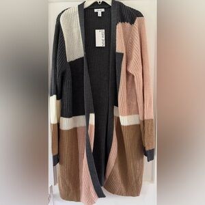 Nine West Women's Chunky Knit Color Block Open Long Line Cardigan Sweater Sz XL